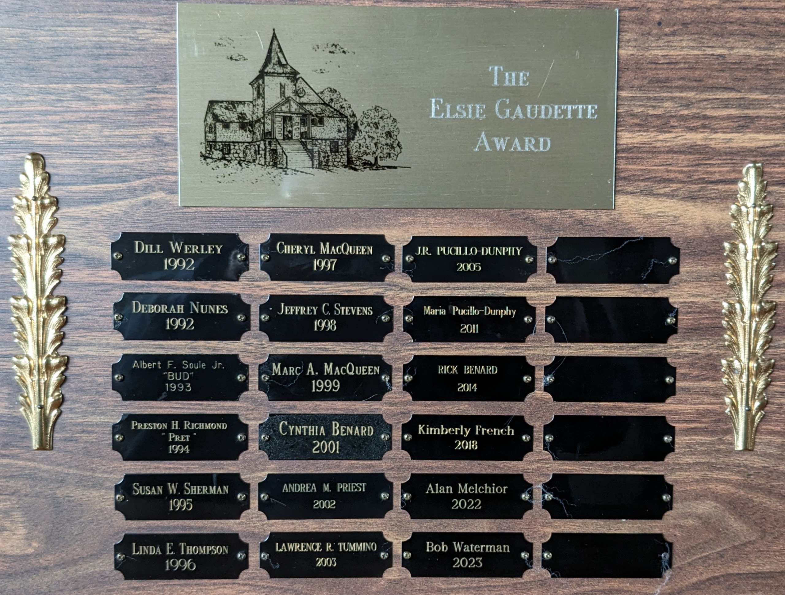 Plaque with names of Elsie Gaudette Award recipients